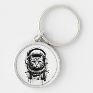 Porte-clés Chat d'astronaute noir et blanc