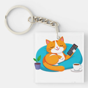 Porte-clés Chat de dessin animé détendu avec télécommande