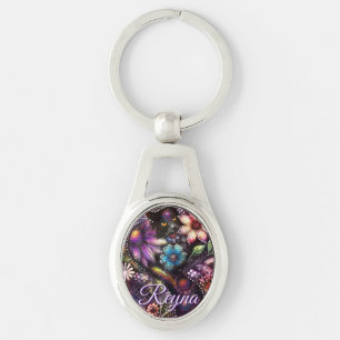 Porte-clés Chat de jardin floral abstrait personnalisé