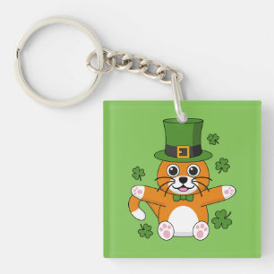 Porte-clés Chat de la Saint Patrick avec dessin Shamrock