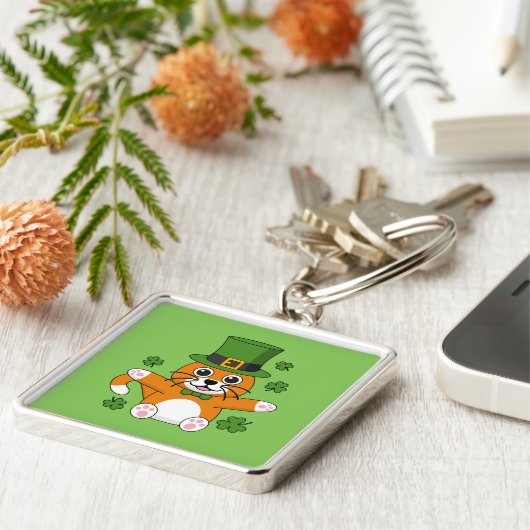 Porte-clés Chat de la Saint Patrick avec dessin Shamrock (Côté)