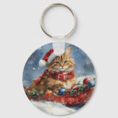 Porte-clés Chat de Maine Coon en sledge Laisser neiger Noël (Recto)