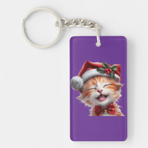 Porte-clés Chat de Noël mignon avec chapeau de Père Noël et C
