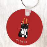 Porte-clés Chat de Noël Sarcastique<br><div class="desc">Un drôle de chat tuxedo noir et blanc,  sarcastique,  agacé et peu enthousiaste avec des bois de Noël. Ho ho,  etc. Idéal comme remplissage. Modifiez le texte ou supprimez-le pour personnaliser davantage.</div>