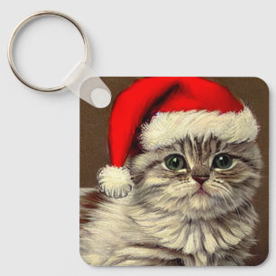 Porte-clés Chat de Noël vintage portant un chapeau de Père No