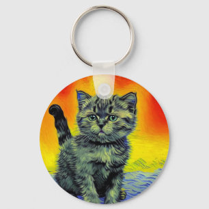 Porte-clés Chat de style Van Gogh sur la plage au coucher du