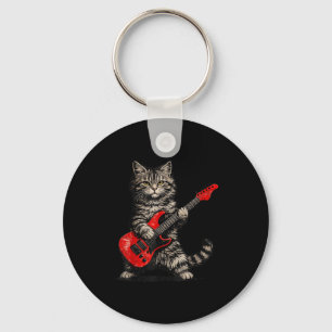 Porte-clés Chat drôle jouant du rock and roll à la guitare ho