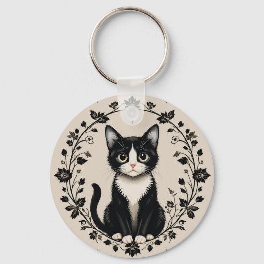 Porte-clés Chat élégant noir et blanc (Recto)
