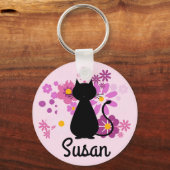 Porte-clés Chat en Fleurs Roses Bague Clé (Recto)