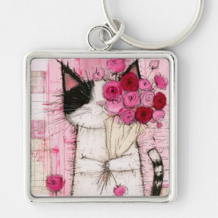 Porte-clés Chat en smoking tenant un bouquet de roses roses