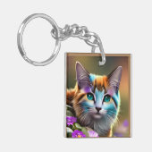 Porte-clés chat et fleurs bleu et rouille calico (Devant gauche)
