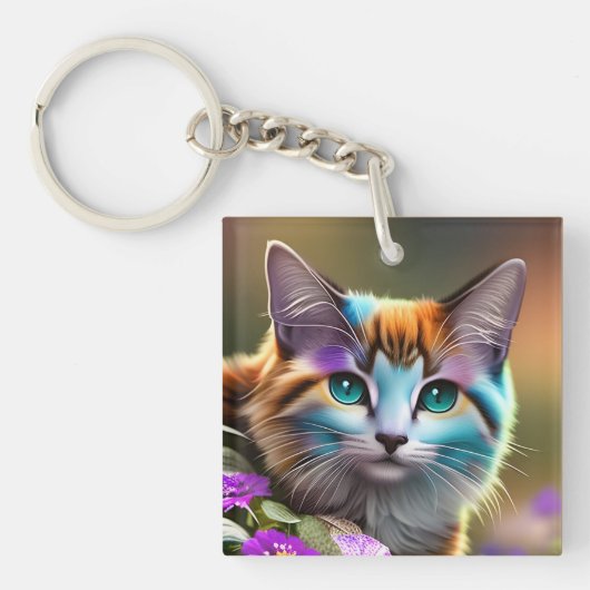 Porte-clés chat et fleurs bleu et rouille calico (Devant)