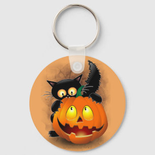 Porte-clés Chat Fun Halloween Caractère mordant un Citrouille