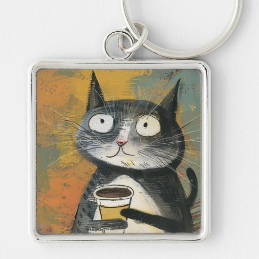 Porte-clés Chat gris avec du café sur fond ocre (Devant)