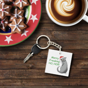 Porte-clés Chat Gris Drôle Grognon Noël Humour Fêtes
