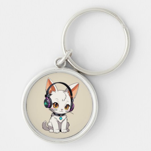Porte-clés Chat Kawaii Adorable avec Écouteurs (Devant)