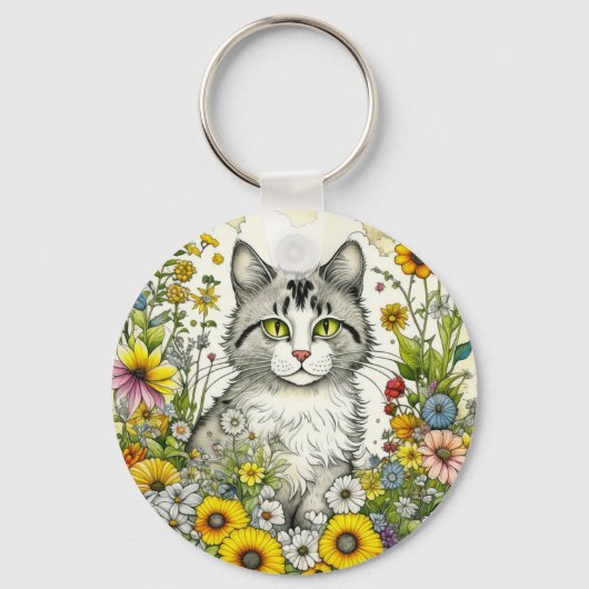 Porte-clés Chat Kitty personnalisé assis en fleurs (Recto)