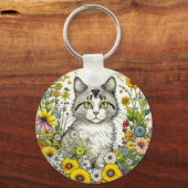 Porte-clés Chat Kitty personnalisé assis en fleurs (Recto)