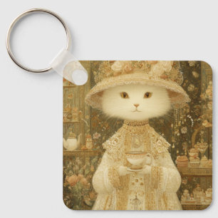 Porte-clés Chat Lady Snow – Chat victorien avec tasse à thé