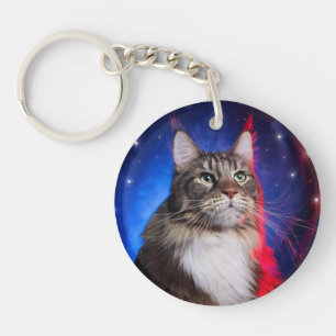 Porte-clés Chat Maine Coon Avec Aura Bleu Rouge Blanc Et Étoi