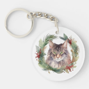 Porte-clés Chat Maine Coon Couronne de Noël Kitten Festif