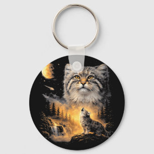 Porte-clés Chat Manul hurlant à la lune vintage 90s drôle