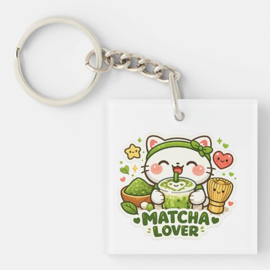 Porte-clés Chat mignon amateur de matcha (Devant)