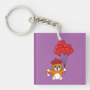Porte-clés Chat mignon avec Ballons de Coeur Rouge