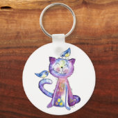 Porte-clés Chat mignon blanc violet avec oiseaux (Recto)