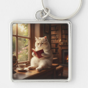 Porte-clés Chat Mignon en Train de Lire