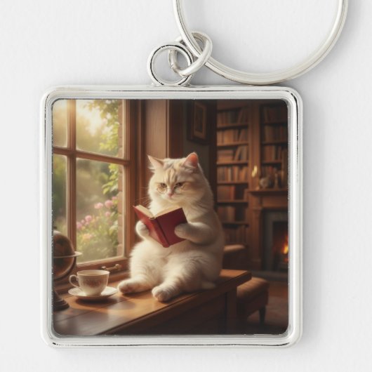 Porte-clés Chat Mignon en Train de Lire (Devant)
