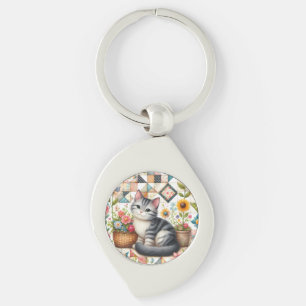 Porte-clés Chat mignon sur courtepoint fleuri Cottagecore