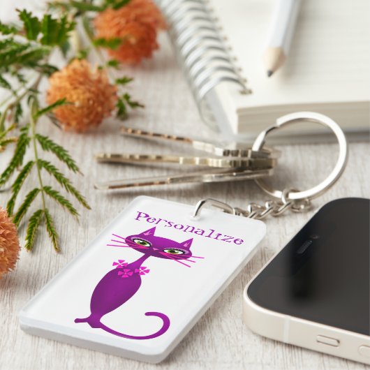 Porte-clés Chat milieu du siècle mignon poupée rose violet (Devant droit)