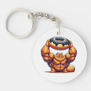 Porte-clés Chat Musclé qui Soulève un Beignet