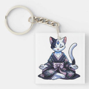 Porte-clés Chat Mystique en Méditation dans un Kimono Floral