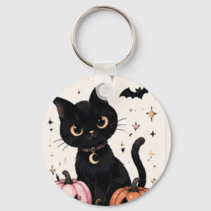 Porte-clés Chat noir au collier Lune Citrouille Rose