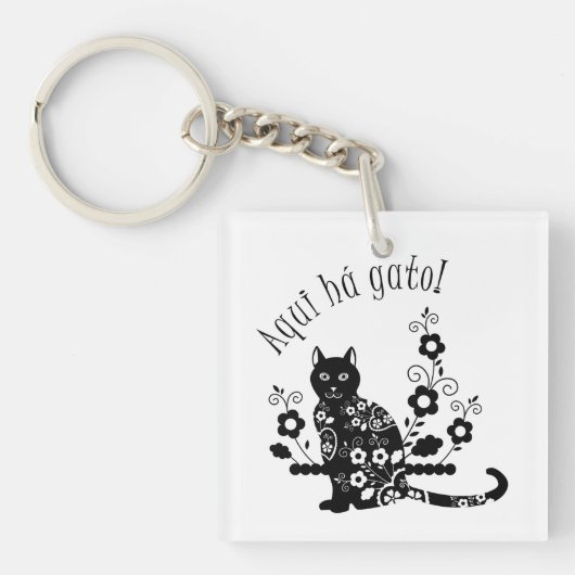 Porte-clés Chat noir avec fleurs et expression portugaise (Devant)