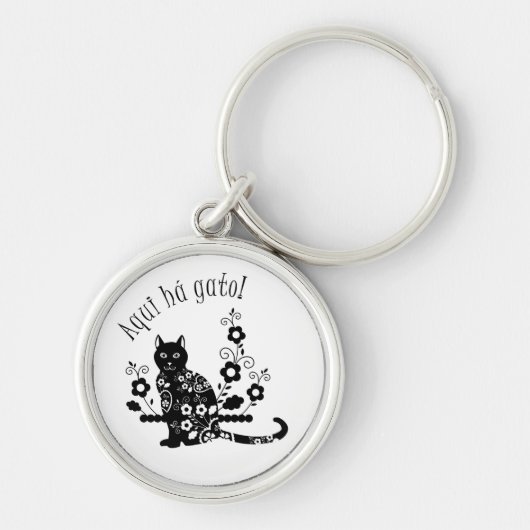 Porte-clés Chat noir avec fleurs et expression portugaise (Devant)
