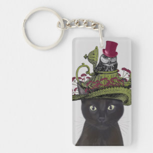 Porte-clés Chat noir avec théière et hibou