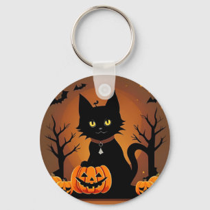 Porte-clés Chat noir d'Halloween entouré de citrouilles