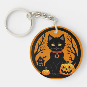 Porte-clés Chat noir d'Halloween entouré de citrouilles lumin