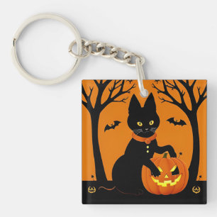 Porte-clés Chat noir d'Halloween entouré de citrouilles lumin