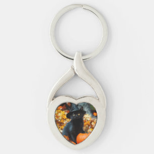 Porte-clés Chat noir d'Halloween et Citrouille