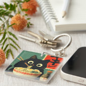 Porte-clés Chat noir drôle mangeant du Ramen (Devant Droit)