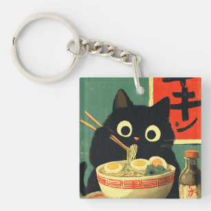 Porte-clés Chat noir drôle mangeant du Ramen
