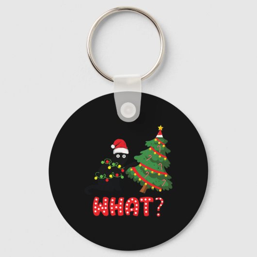 Porte-clés Chat Noir Drôle Poussant Arbre De Noël Sur Chat Wh (Recto)