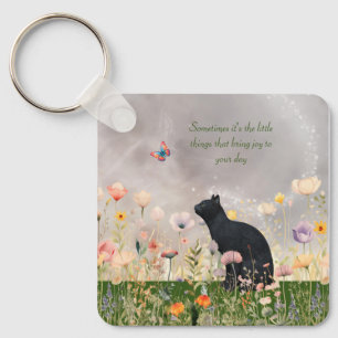Porte-clés Chat noir en fleurs