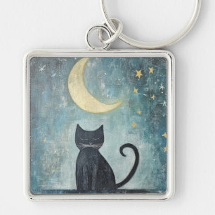 Porte-clés Chat noir endormi avec croissant de lune et étoile