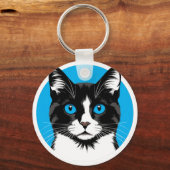 Porte-clés Chat noir et blanc aux yeux bleus (Recto)