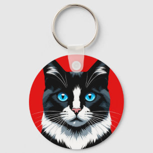 Porte-clés Chat noir et blanc aux yeux bleus vifs